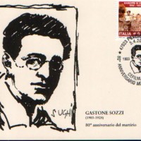 Cartolina con annullo speciale per l'80°anniversario del martirio di Gastone Sozzi (disegno di Alberto Sughi)