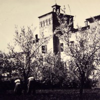 Fioritura davanti al Castello Campori. Nella prima metà del Novecento gli alberi – e le campagne – giungono fino a ridosso del palazzo monumentale.